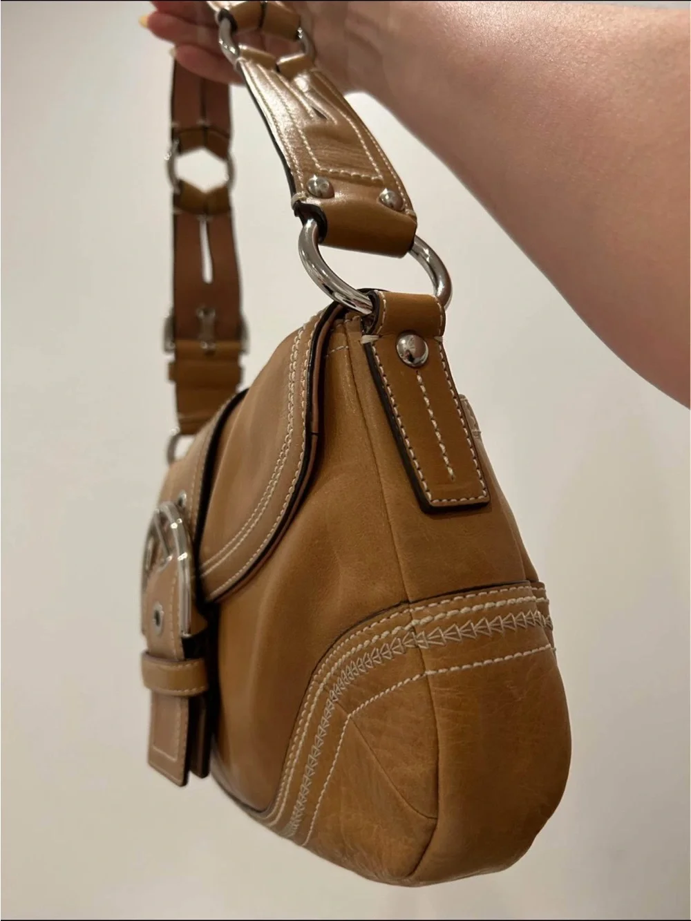 Coach SoHo Tan Leather Hobo with Silver Buckle Accents Y2K